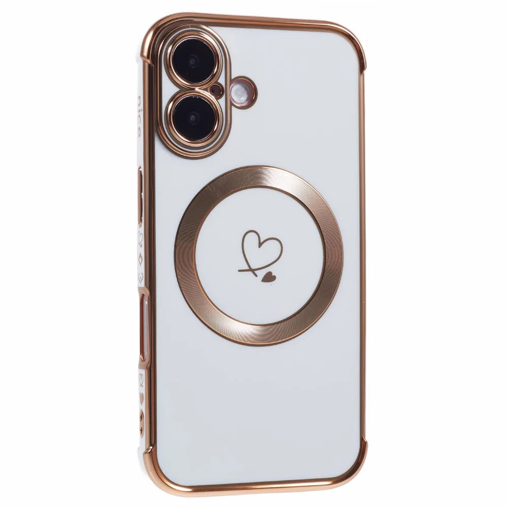 For iPhone 16 Plus Case Compatible with MagSafe Electroplated TPU Phone Cover Hollow Love Hearts - Ivory White - 1