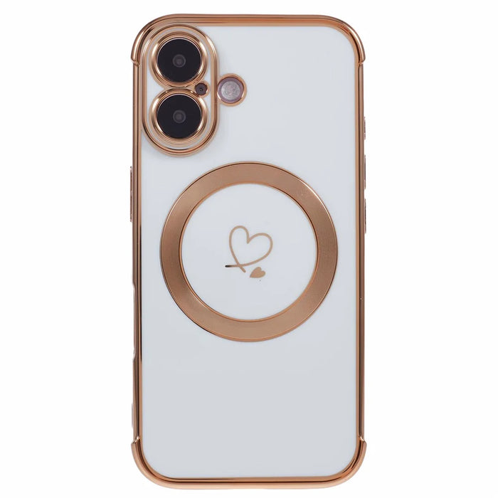 For iPhone 16 Plus Case Compatible with MagSafe Electroplated TPU Phone Cover Hollow Love Hearts - Ivory White - 3