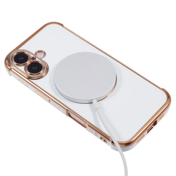 For iPhone 16 Plus Case Compatible with MagSafe Electroplated TPU Phone Cover Hollow Love Hearts - Ivory White - 4