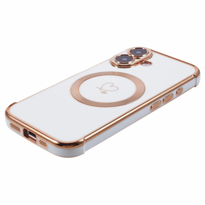 For iPhone 16 Plus Case Compatible with MagSafe Electroplated TPU Phone Cover Hollow Love Hearts - Ivory White - 5