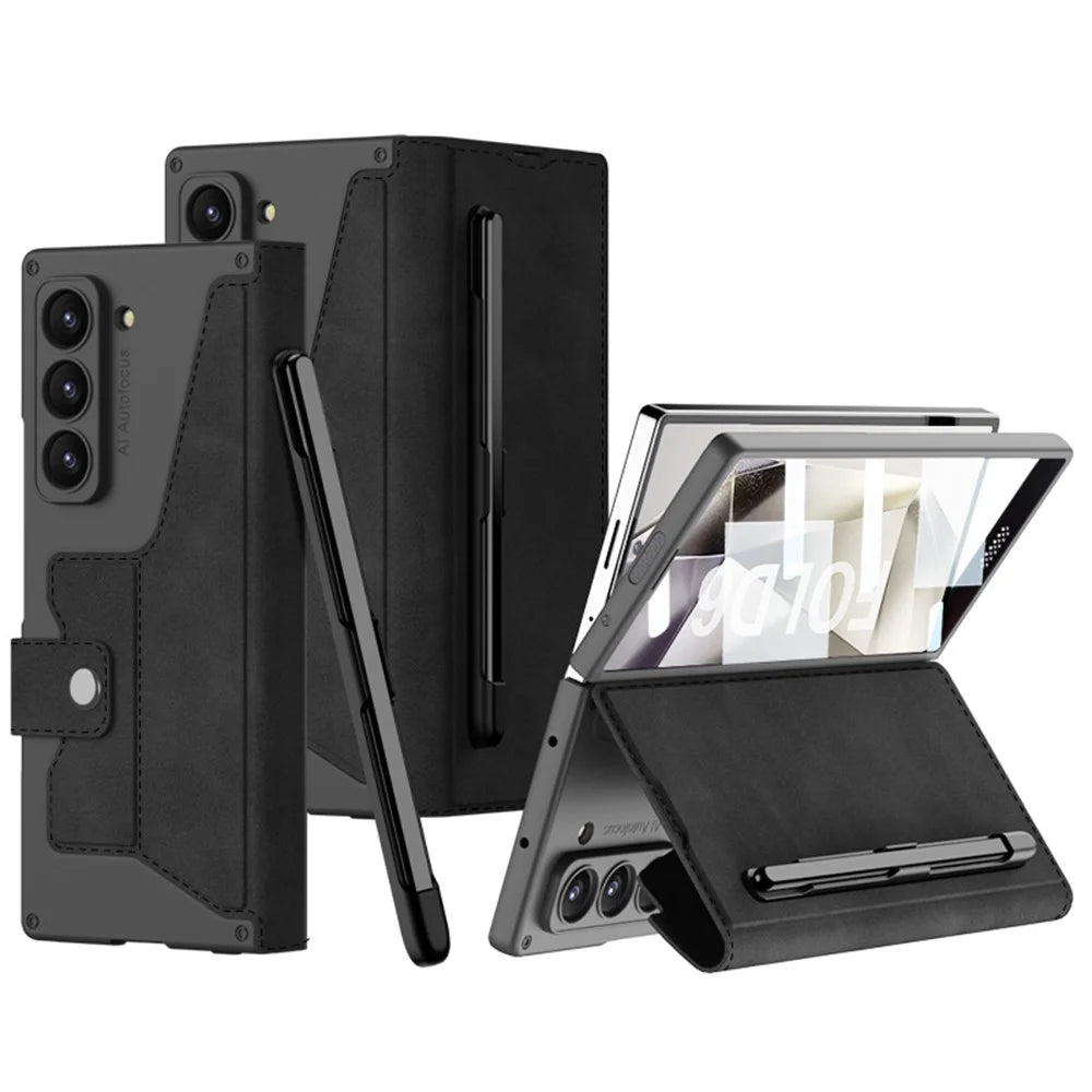 GKK For Samsung Galaxy Z Fold6 5G Kickstand Case Magnetic Closure PC+PU Phone Cover with Pencil Slot (No Screen Film) - Black - 1