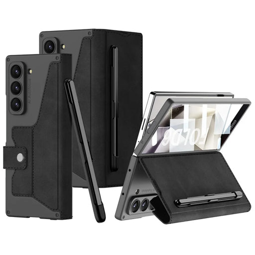 GKK For Samsung Galaxy Z Fold6 5G Kickstand Case Pencil Slot PC+PU Phone Cover with Screen Film - Black - 1
