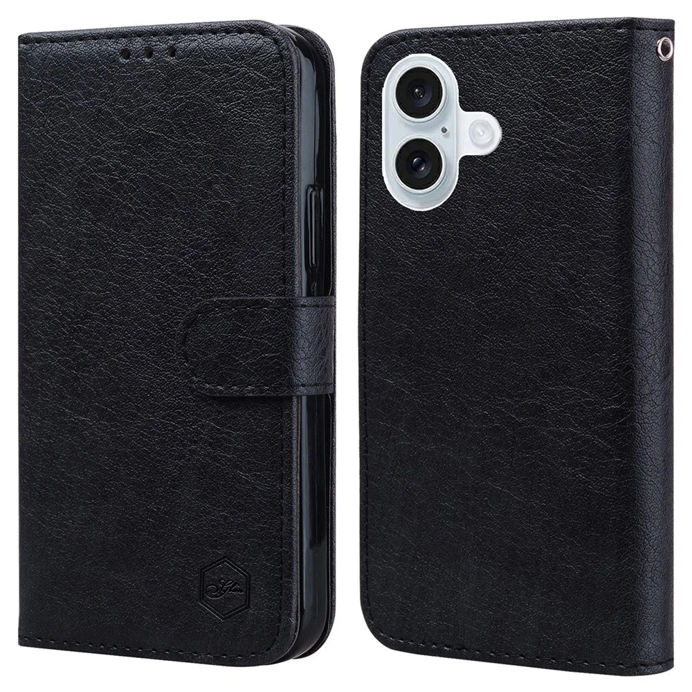 For iPhone 16 Case Solid Color Leather Folding Stand Wallet Leather Phone Cover - Black - 1
