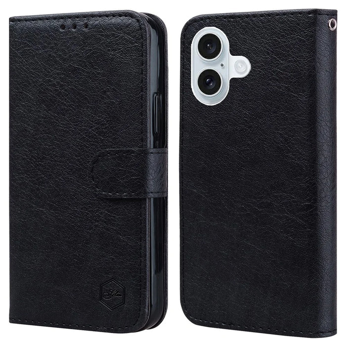 For iPhone 16 Case Solid Color Leather Folding Stand Wallet Leather Phone Cover - Black - 1