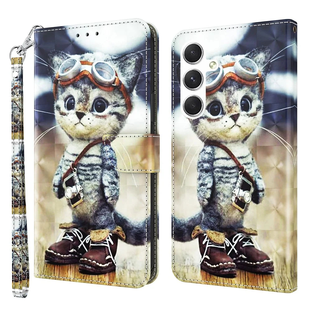 For Samsung Galaxy A16 5G / A16 4G Case Stand Pattern Printing Leather Phone Cover - Standing Cat - 1