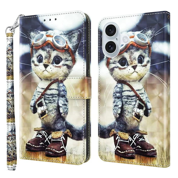 For iPhone 16 Plus Case Stand Pattern Printing Leather Phone Cover - Standing Cat - 1