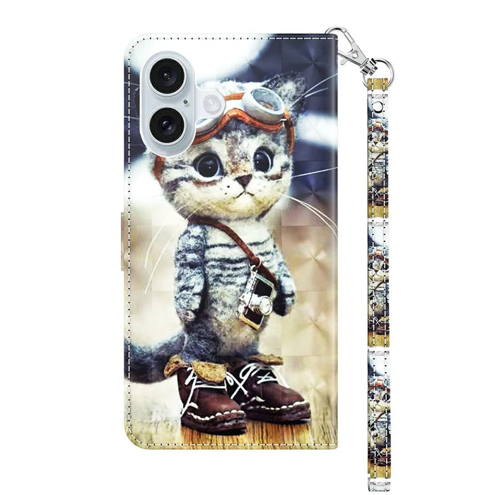 For iPhone 16 Plus Case Stand Pattern Printing Leather Phone Cover - Standing Cat - 7