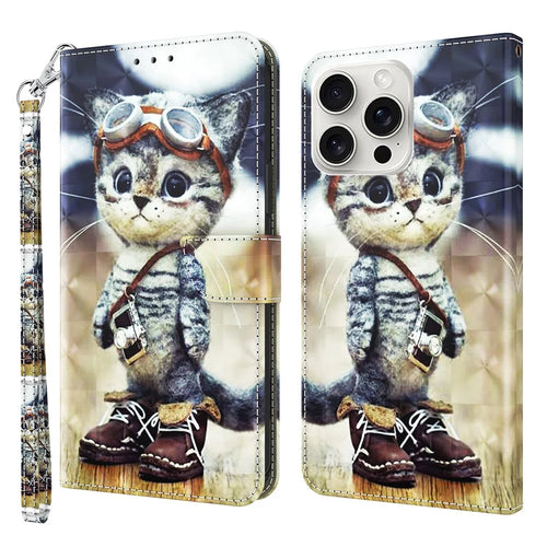 For iPhone 16 Pro Max Case Stand Pattern Printing Leather Phone Cover - Standing Cat - 1