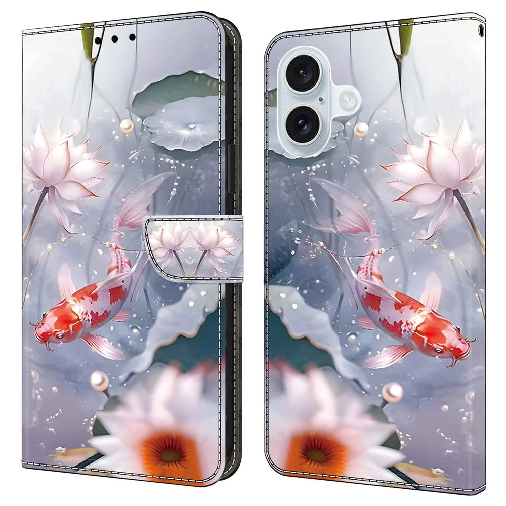 For iPhone 16 Case Pattern Printed Protective Leather Flip Phone Case - Koi Carp - 1
