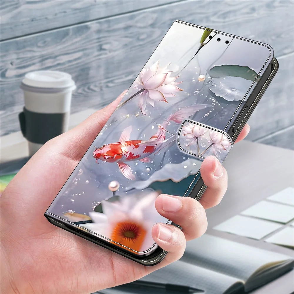 For iPhone 16 Case Pattern Printed Protective Leather Flip Phone Case - Koi Carp - 5