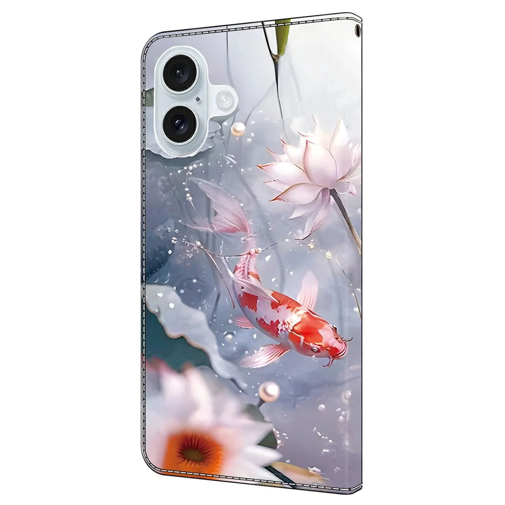 For iPhone 16 Case Pattern Printed Protective Leather Flip Phone Case - Koi Carp - 7