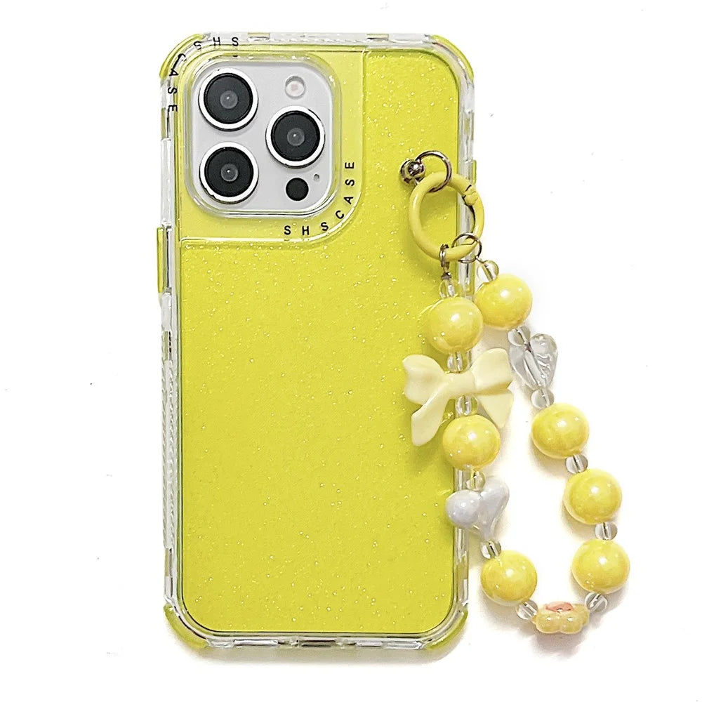 For iPhone 16 Pro Max Case Anti-Drop Glitter Design PC+TPU Phone Cover with Strap - Yellow - 1