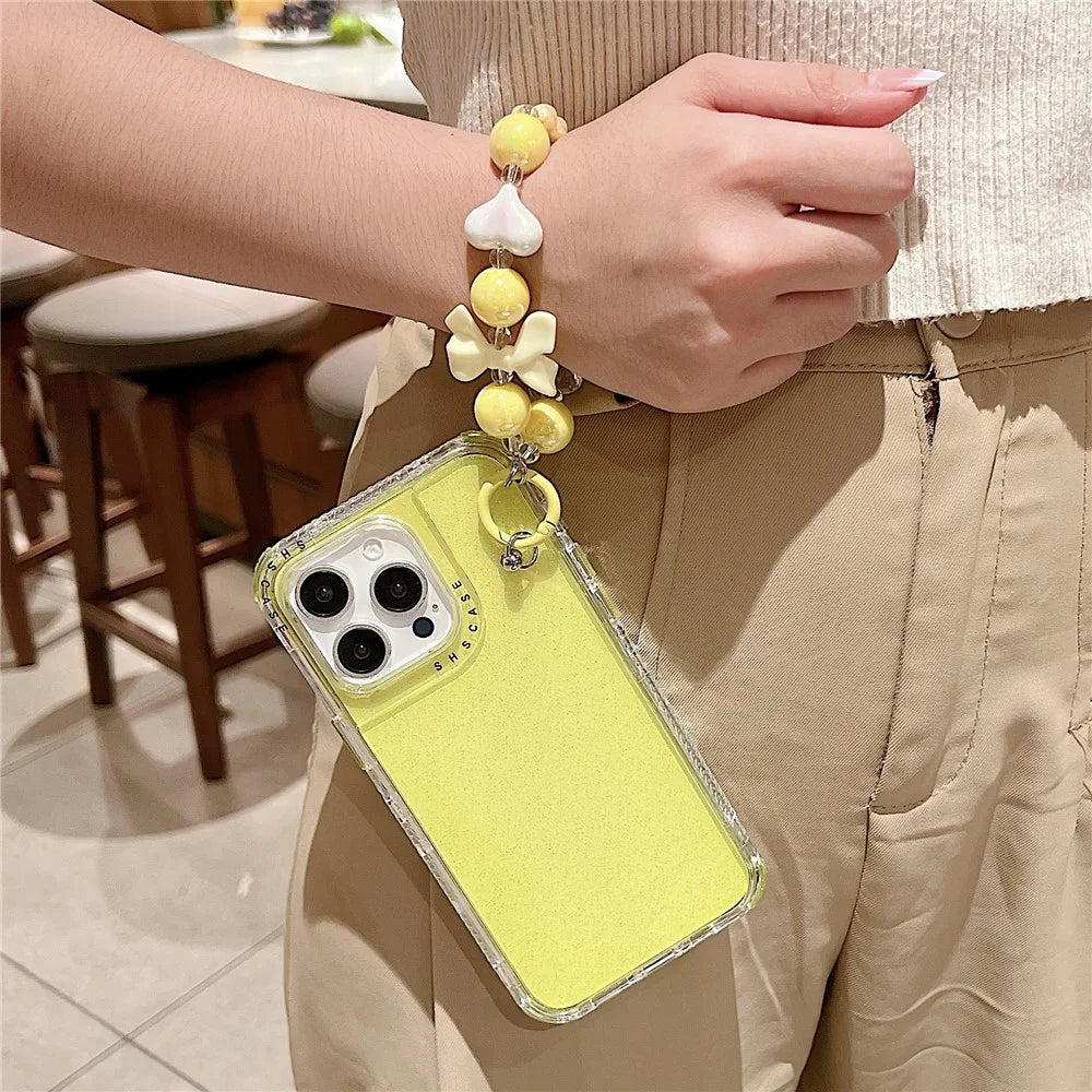 For iPhone 16 Pro Max Case Anti-Drop Glitter Design PC+TPU Phone Cover with Strap - Yellow - 3