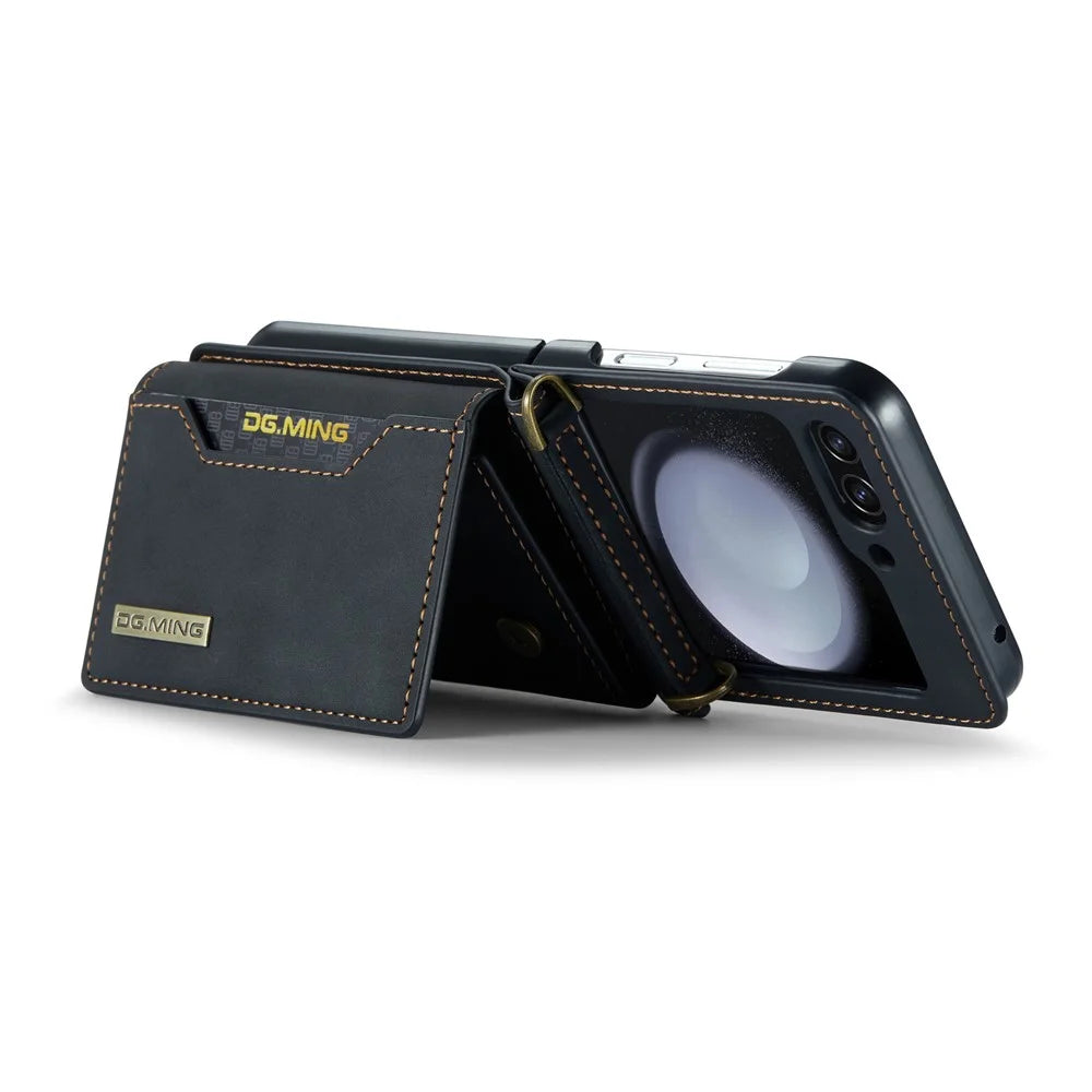 DG.MING M2 Series for Samsung Galaxy Z Flip7 FE 5G / Z Flip6 5G Case PU+PC Phone Cover with Wallet, Strap - Black - 3