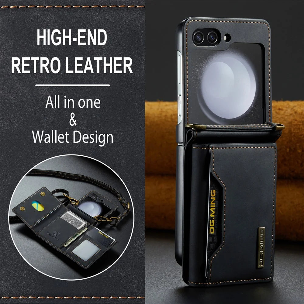 DG.MING M2 Series for Samsung Galaxy Z Flip7 FE 5G / Z Flip6 5G Case PU+PC Phone Cover with Wallet, Strap - Black - 5