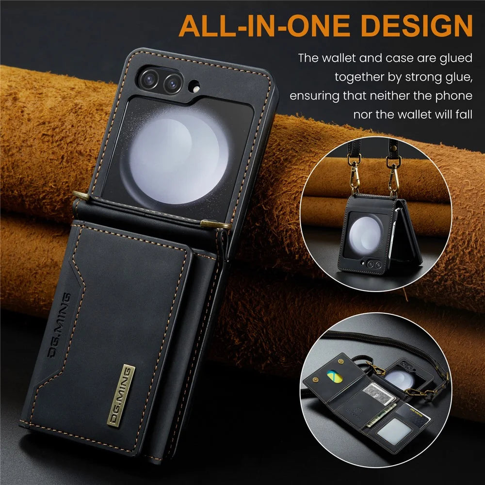 DG.MING M2 Series for Samsung Galaxy Z Flip7 FE 5G / Z Flip6 5G Case PU+PC Phone Cover with Wallet, Strap - Black - 6
