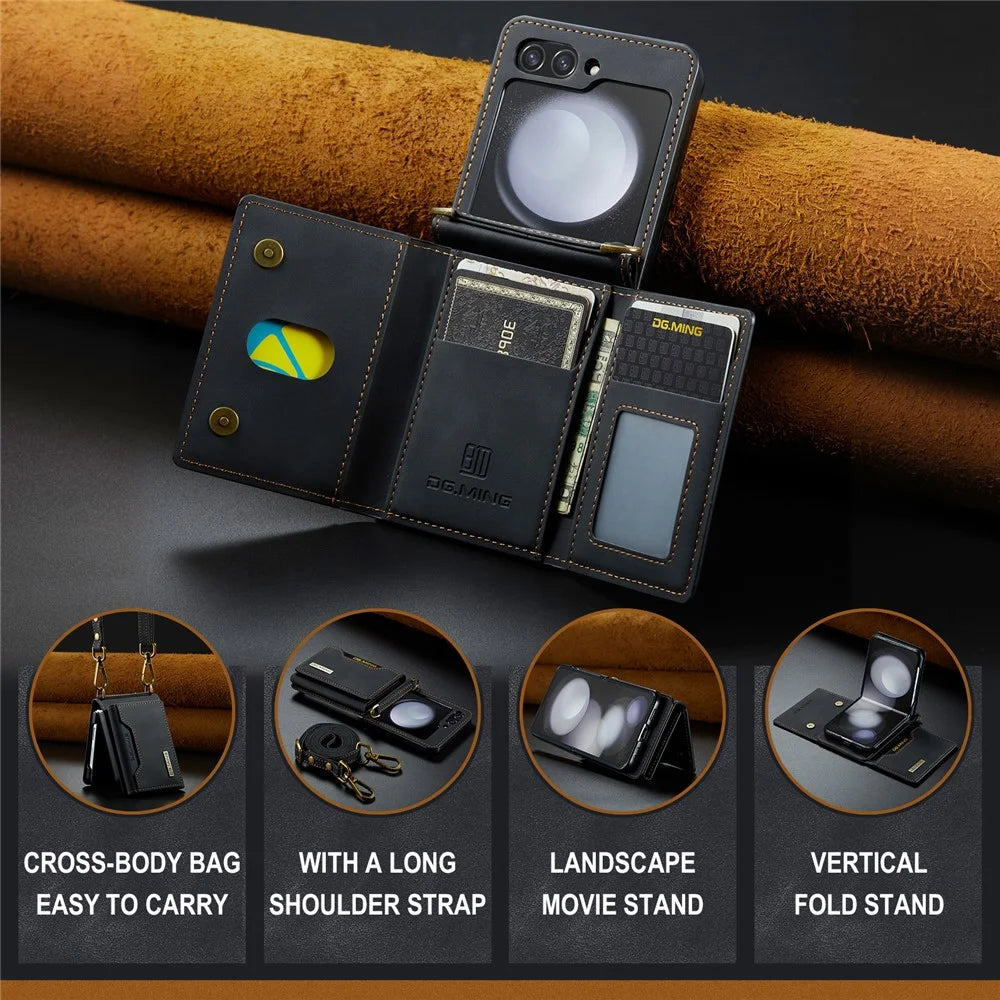 DG.MING M2 Series for Samsung Galaxy Z Flip7 FE 5G / Z Flip6 5G Case PU+PC Phone Cover with Wallet, Strap - Black - 7