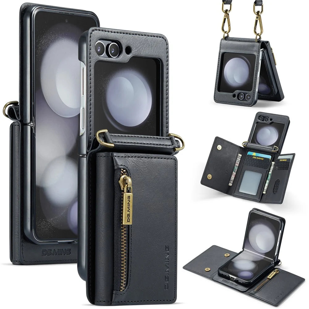 DG.MING M5 Series for Samsung Galaxy Z Flip7 FE 5G / Z Flip6 5G Case RFID Blocking Card Slots PU+PC Phone Cover - Black - 1