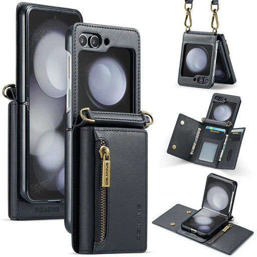 DG.MING M5 Series for Samsung Galaxy Z Flip7 FE 5G / Z Flip6 5G Case RFID Blocking Card Slots PU+PC Phone Cover - Black - 1