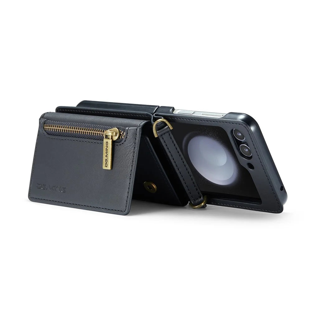 DG.MING M5 Series for Samsung Galaxy Z Flip7 FE 5G / Z Flip6 5G Case RFID Blocking Card Slots PU+PC Phone Cover - Black - 3