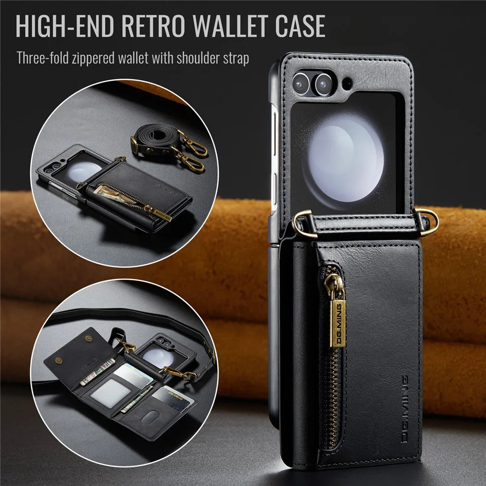 DG.MING M5 Series for Samsung Galaxy Z Flip7 FE 5G / Z Flip6 5G Case RFID Blocking Card Slots PU+PC Phone Cover - Black - 5