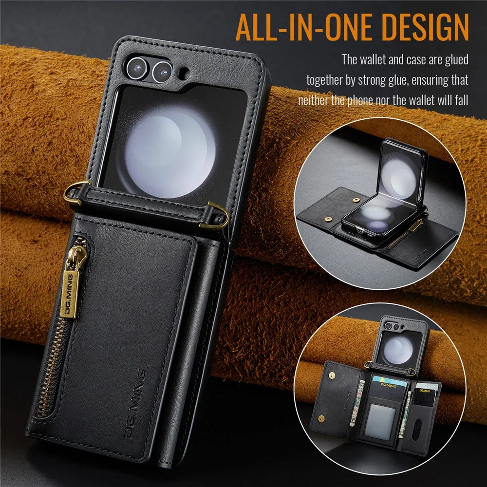 DG.MING M5 Series for Samsung Galaxy Z Flip7 FE 5G / Z Flip6 5G Case RFID Blocking Card Slots PU+PC Phone Cover - Black - 6