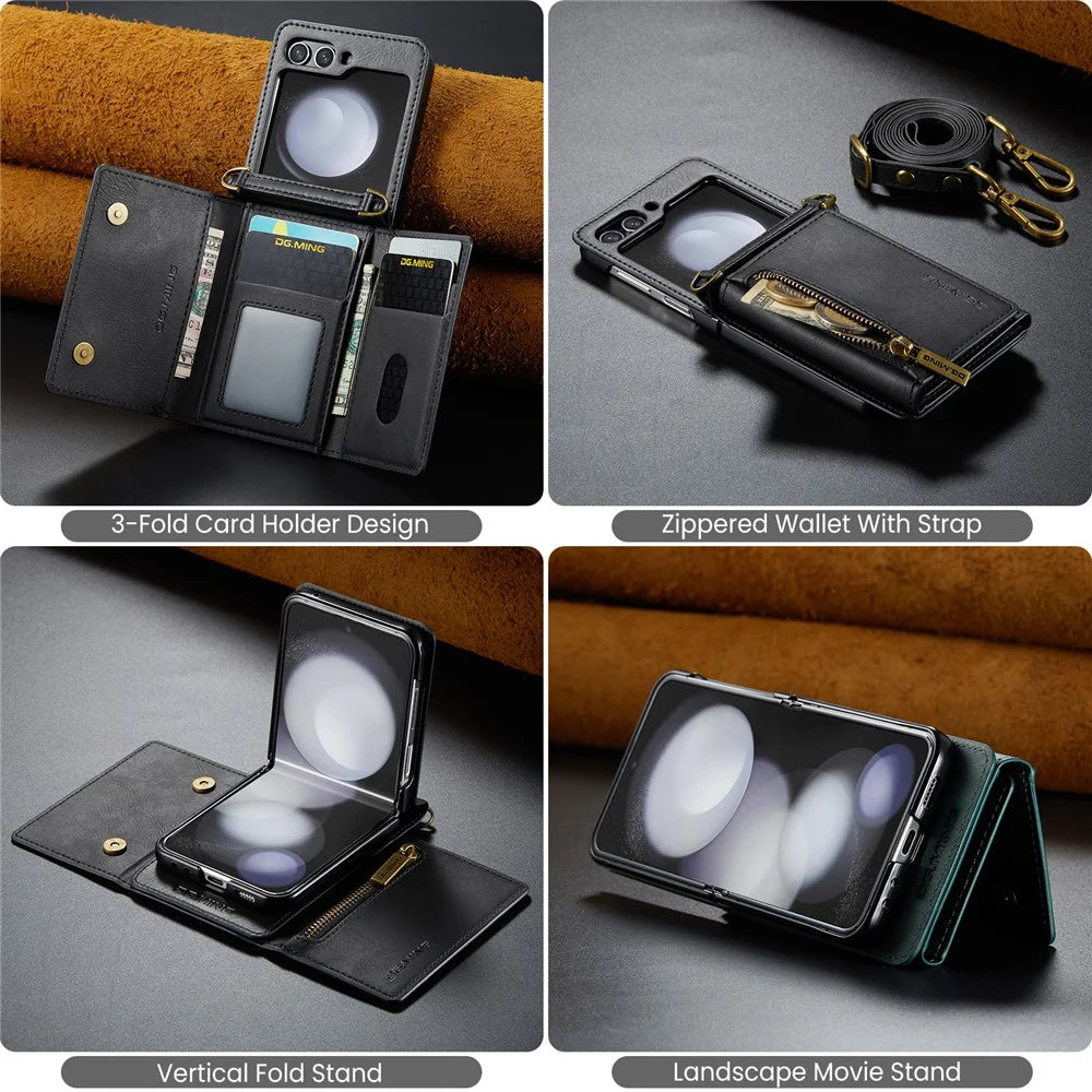 DG.MING M5 Series for Samsung Galaxy Z Flip7 FE 5G / Z Flip6 5G Case RFID Blocking Card Slots PU+PC Phone Cover - Black - 7