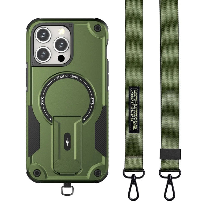 For iPhone 16 Pro Max Case Compatible with MagSafe TPU+PC Kickstand Phone Cover with Strap - Army Green - 1
