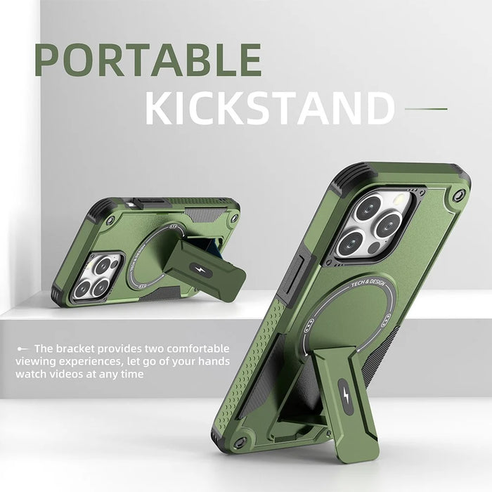 For iPhone 16 Pro Max Case Compatible with MagSafe TPU+PC Kickstand Phone Cover with Strap - Army Green - 3