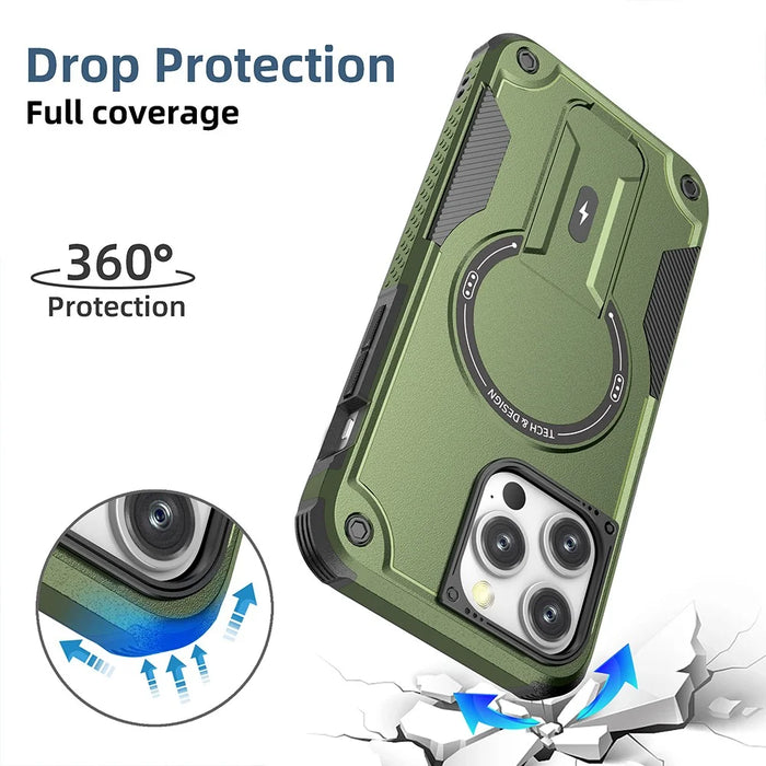 For iPhone 16 Pro Max Case Compatible with MagSafe TPU+PC Kickstand Phone Cover with Strap - Army Green - 4