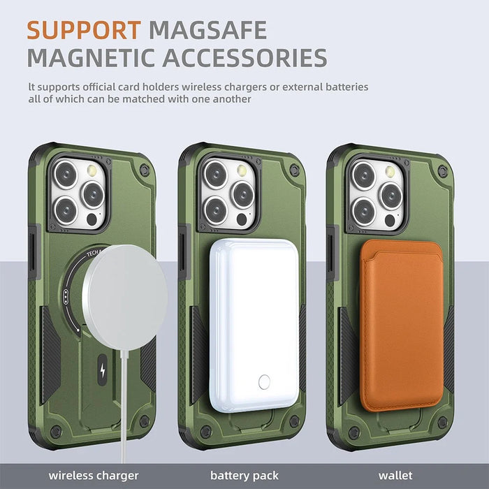 For iPhone 16 Pro Max Case Compatible with MagSafe TPU+PC Kickstand Phone Cover with Strap - Army Green - 6