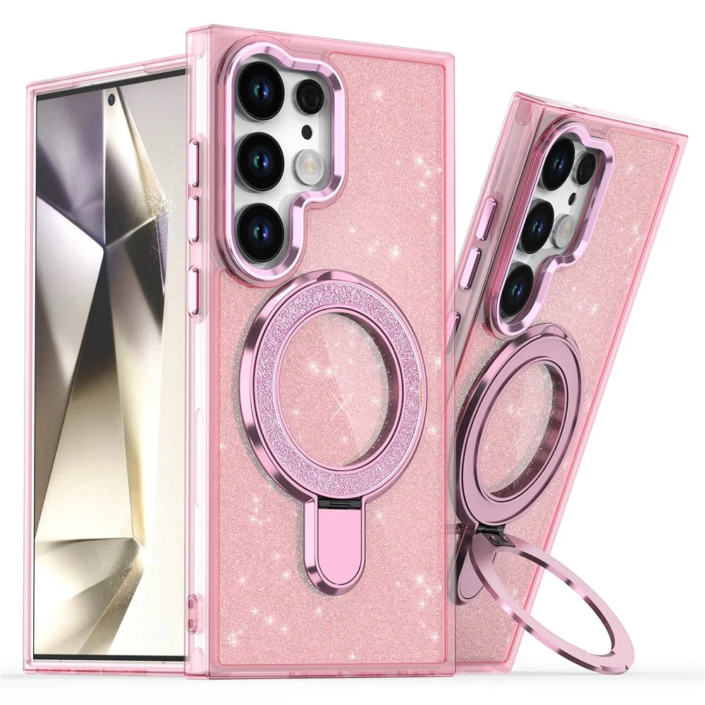 For Samsung Galaxy S24 Ultra Case Glitter Design TPU+PC Kickstand Phone Protector - Pink - 1