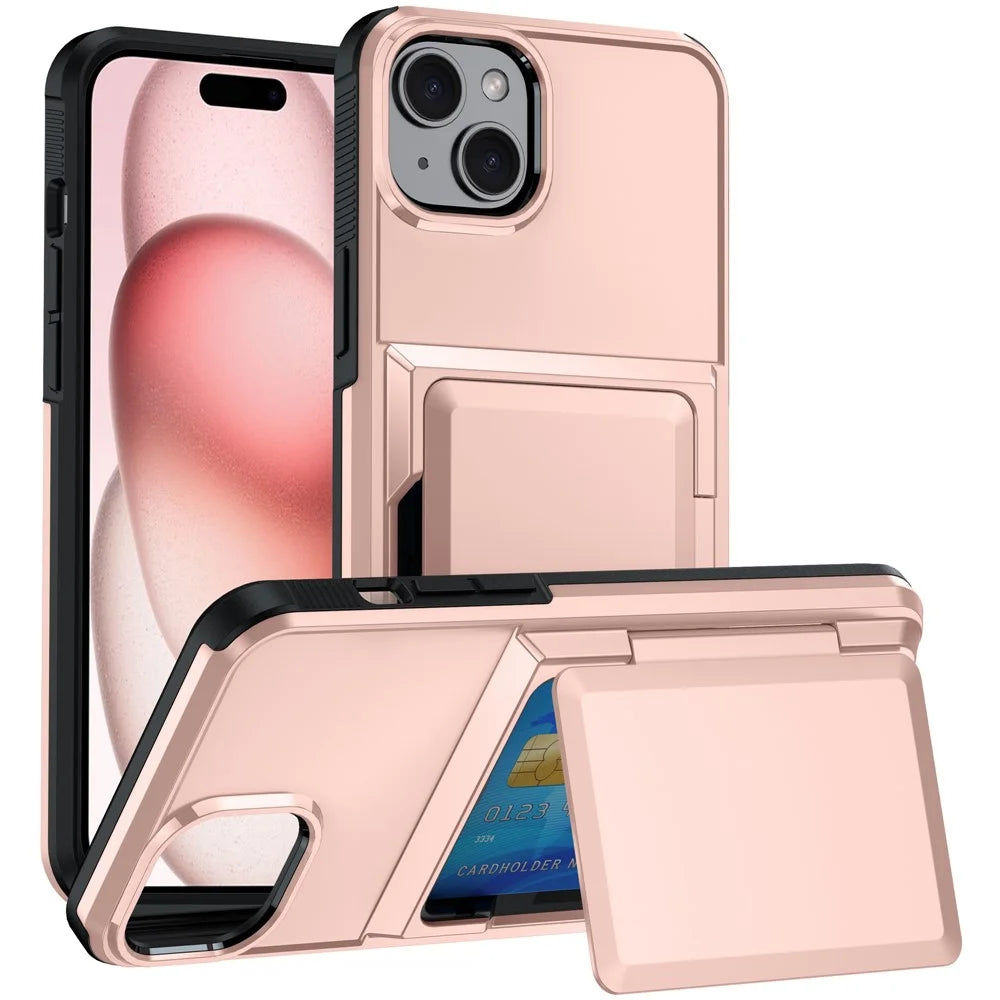 For iPhone 15 Cases Card Slot TPU+PC Kickstand Phone Case - Rose Gold - 1