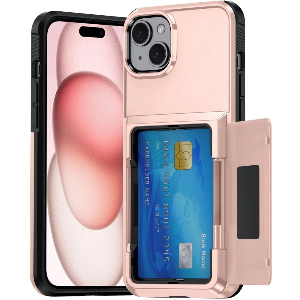 For iPhone 15 Cases Card Slot TPU+PC Kickstand Phone Case - Rose Gold - 2