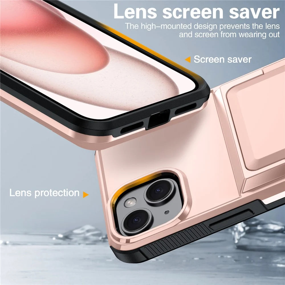 For iPhone 15 Cases Card Slot TPU+PC Kickstand Phone Case - Rose Gold - 3