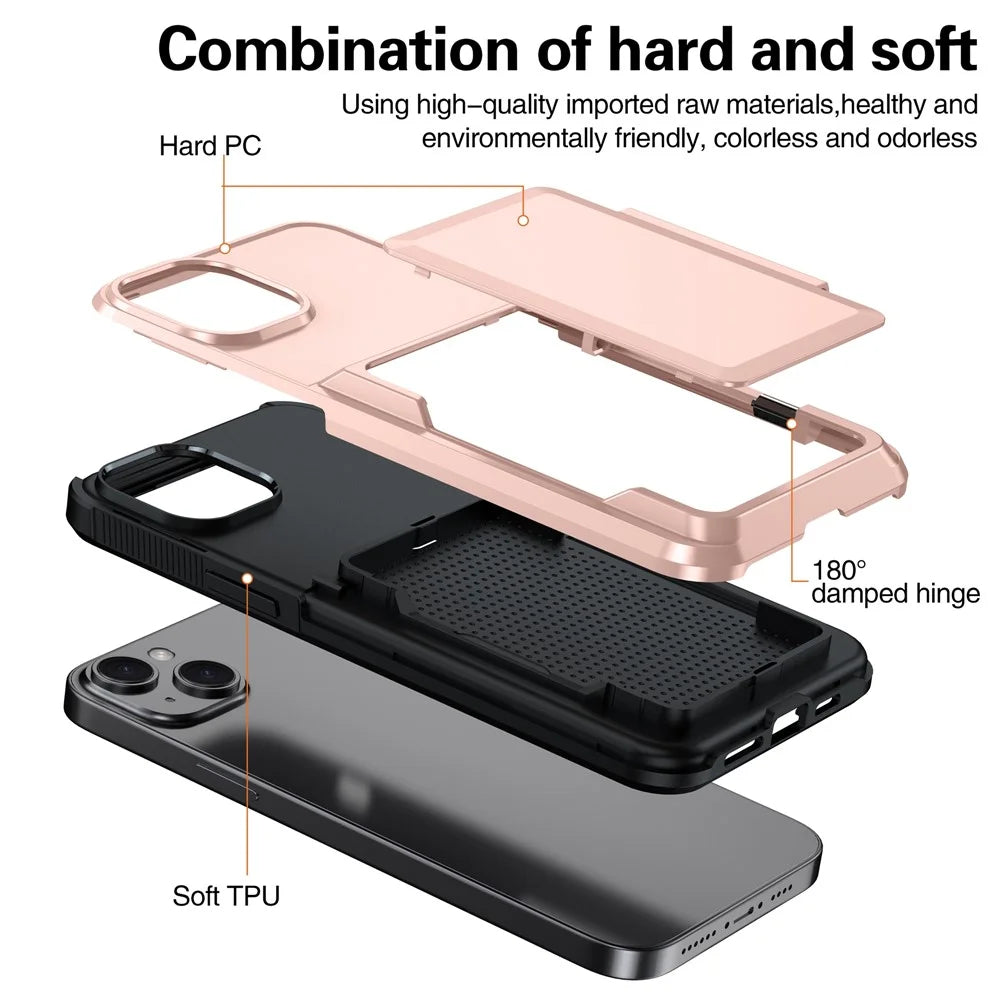 For iPhone 15 Cases Card Slot TPU+PC Kickstand Phone Case - Rose Gold - 4
