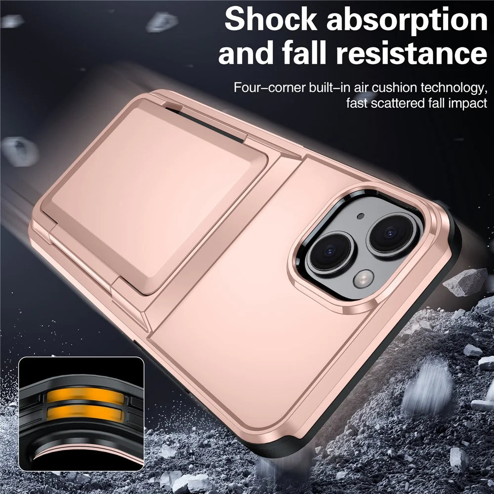 For iPhone 15 Cases Card Slot TPU+PC Kickstand Phone Case - Rose Gold - 5