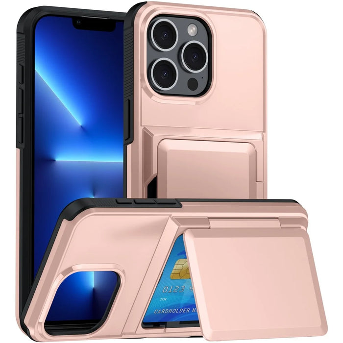 For iPhone 13 Pro Cases Card Slot TPU+PC Kickstand Phone Case - Rose Gold - 1