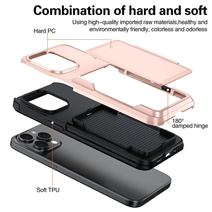 For iPhone 13 Pro Cases Card Slot TPU+PC Kickstand Phone Case - Rose Gold - 3