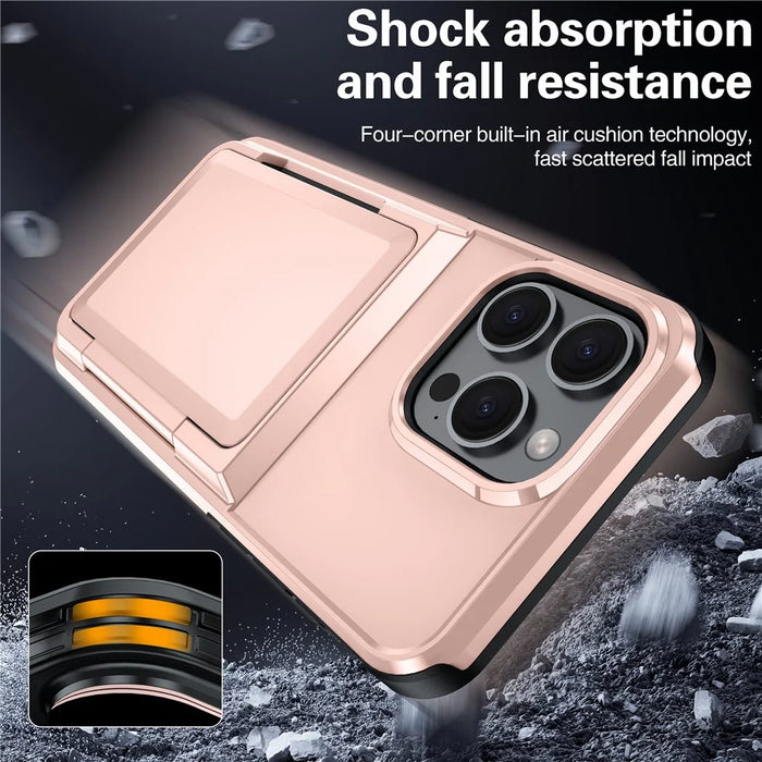 For iPhone 13 Pro Cases Card Slot TPU+PC Kickstand Phone Case - Rose Gold - 4