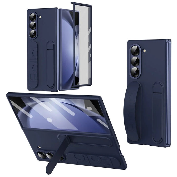 For Samsung Galaxy Z Fold5 5G Case Kickstand Wristband PC Phone Cover with Tempered Glass Film - Blue - 1