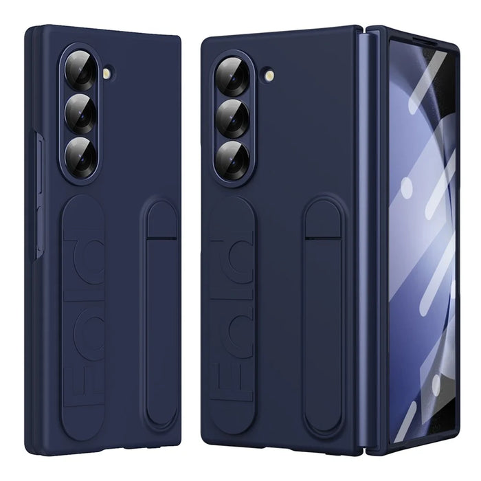 For Samsung Galaxy Z Fold5 5G Case Kickstand Wristband PC Phone Cover with Tempered Glass Film - Blue - 2