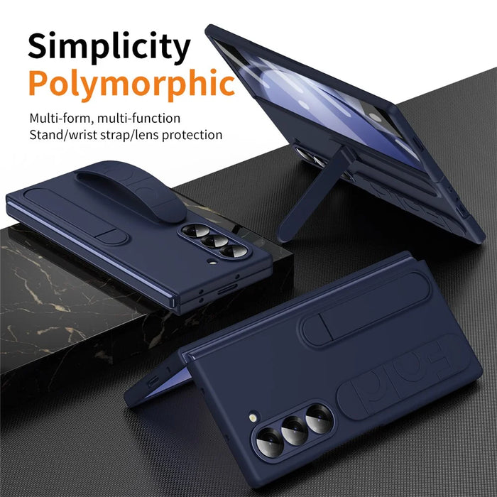 For Samsung Galaxy Z Fold5 5G Case Kickstand Wristband PC Phone Cover with Tempered Glass Film - Blue - 3