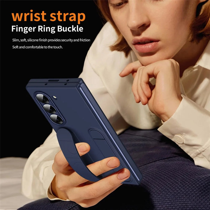 For Samsung Galaxy Z Fold5 5G Case Kickstand Wristband PC Phone Cover with Tempered Glass Film - Blue - 4