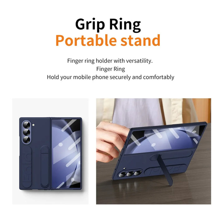 For Samsung Galaxy Z Fold5 5G Case Kickstand Wristband PC Phone Cover with Tempered Glass Film - Blue - 5