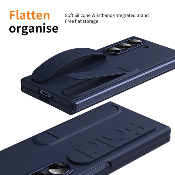 For Samsung Galaxy Z Fold5 5G Case Kickstand Wristband PC Phone Cover with Tempered Glass Film - Blue - 6