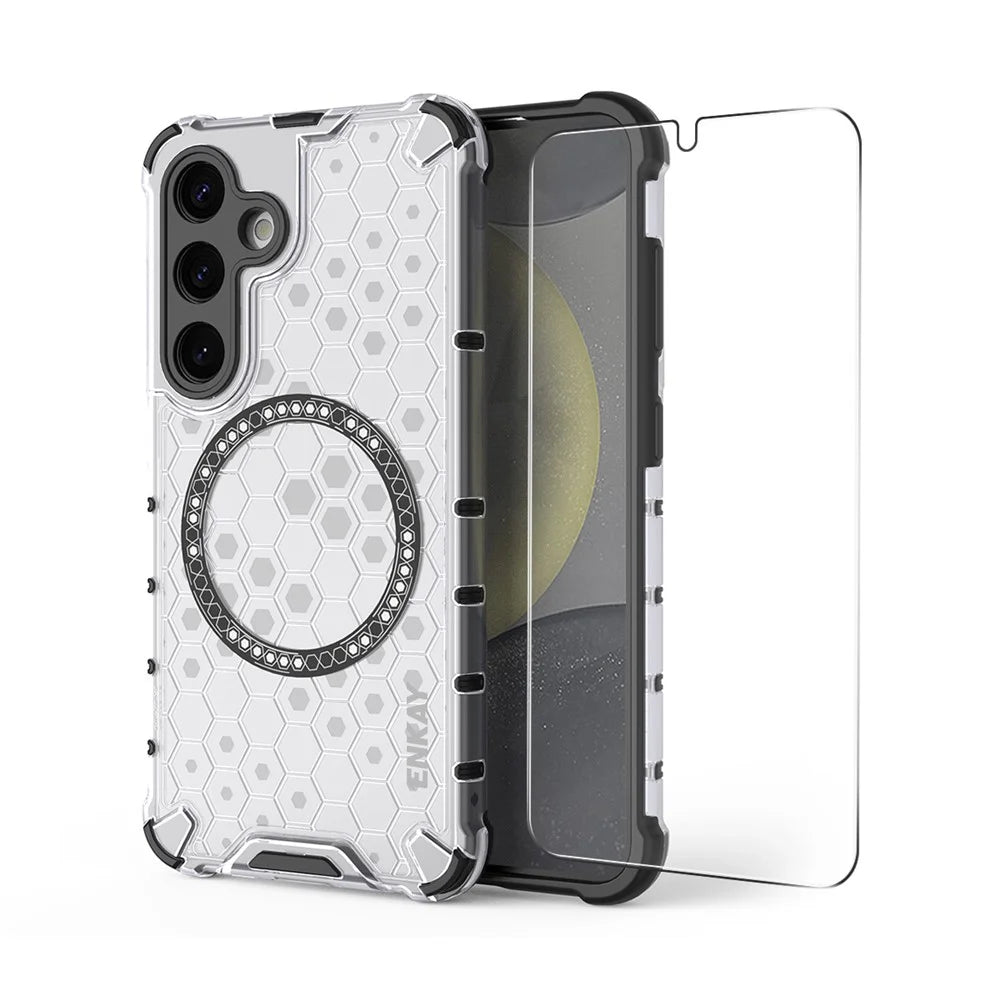 ENKAY HAT PRINCE For Samsung Galaxy S24  Magnetic Case Honeycomb Design TPU+PC Phone Cover + 0.18mm Screen Protector - White - 1