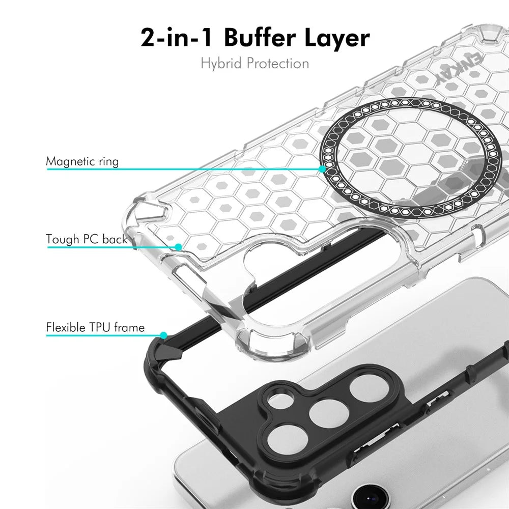 ENKAY HAT PRINCE For Samsung Galaxy S24  Magnetic Case Honeycomb Design TPU+PC Phone Cover + 0.18mm Screen Protector - White - 2