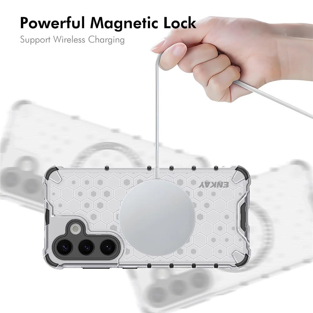 ENKAY HAT PRINCE For Samsung Galaxy S24  Magnetic Case Honeycomb Design TPU+PC Phone Cover + 0.18mm Screen Protector - White - 4