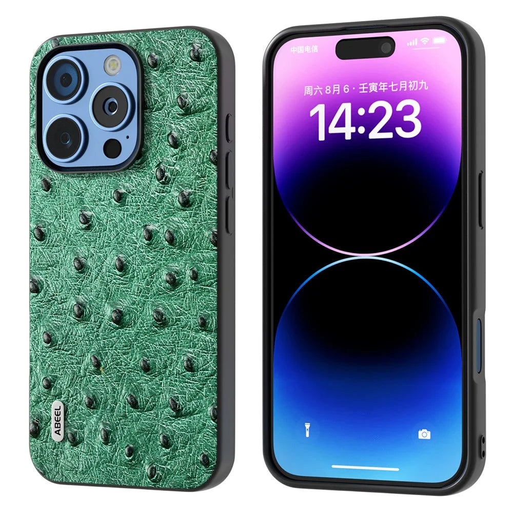 ABEEL For iPhone 16 Pro Max Case Ostrich Texture Genuine Cow Leather Back Phone Cover - Green - 1